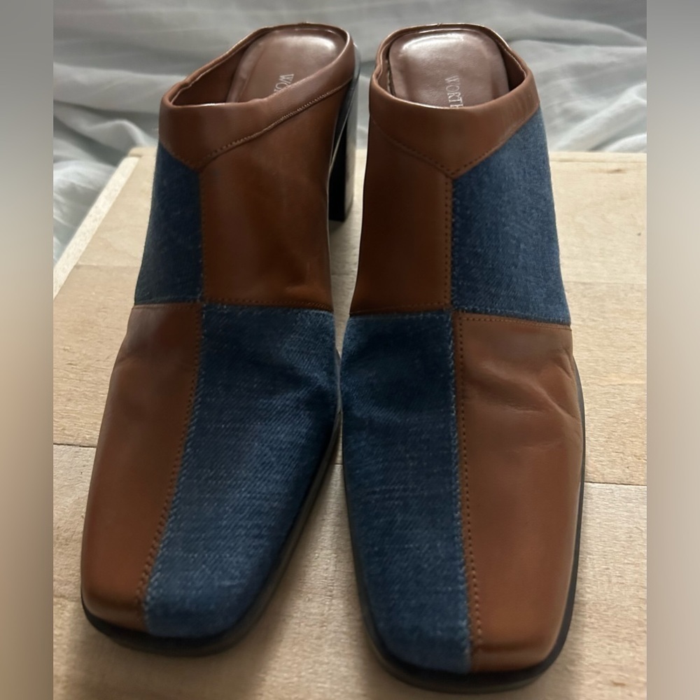 Y2K Vtg Worthington Denim/Brown Mules Heels Leather Square Toe Women’s Size 8M